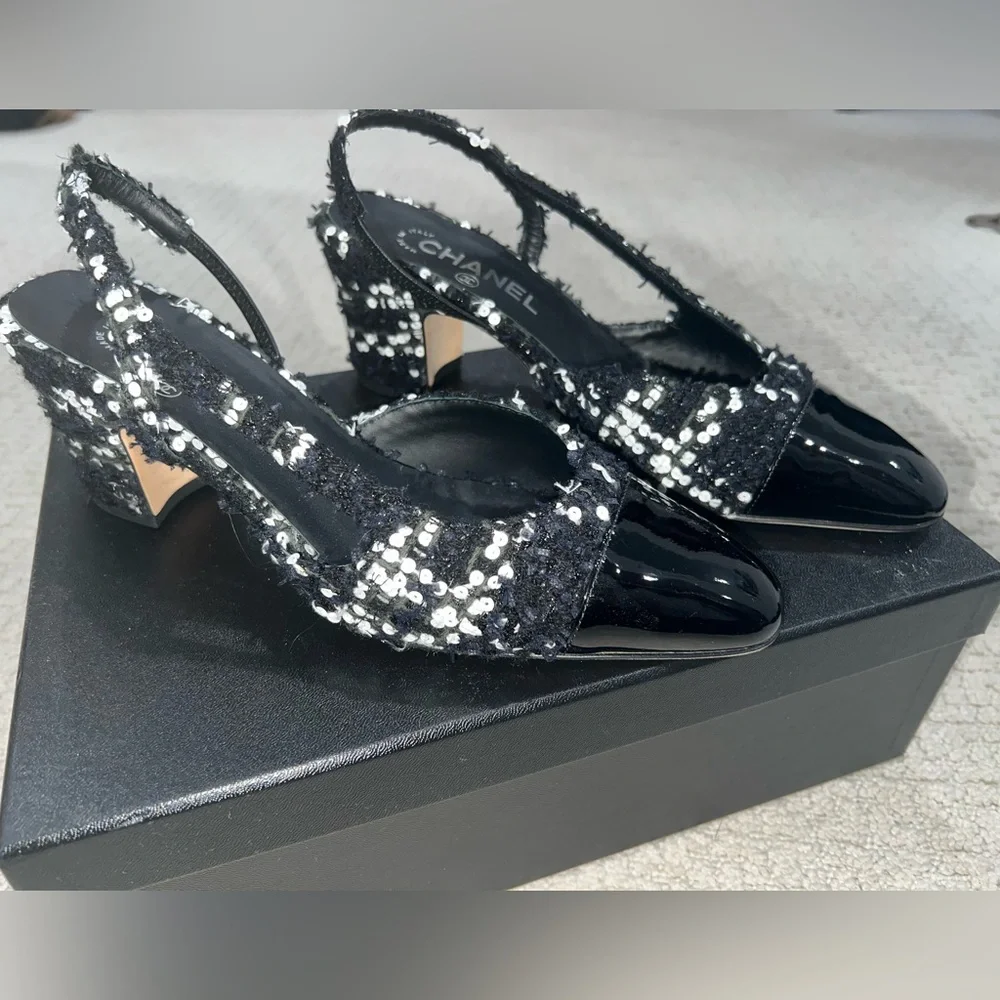 Chanel glittered tweed & sequin slingbacks